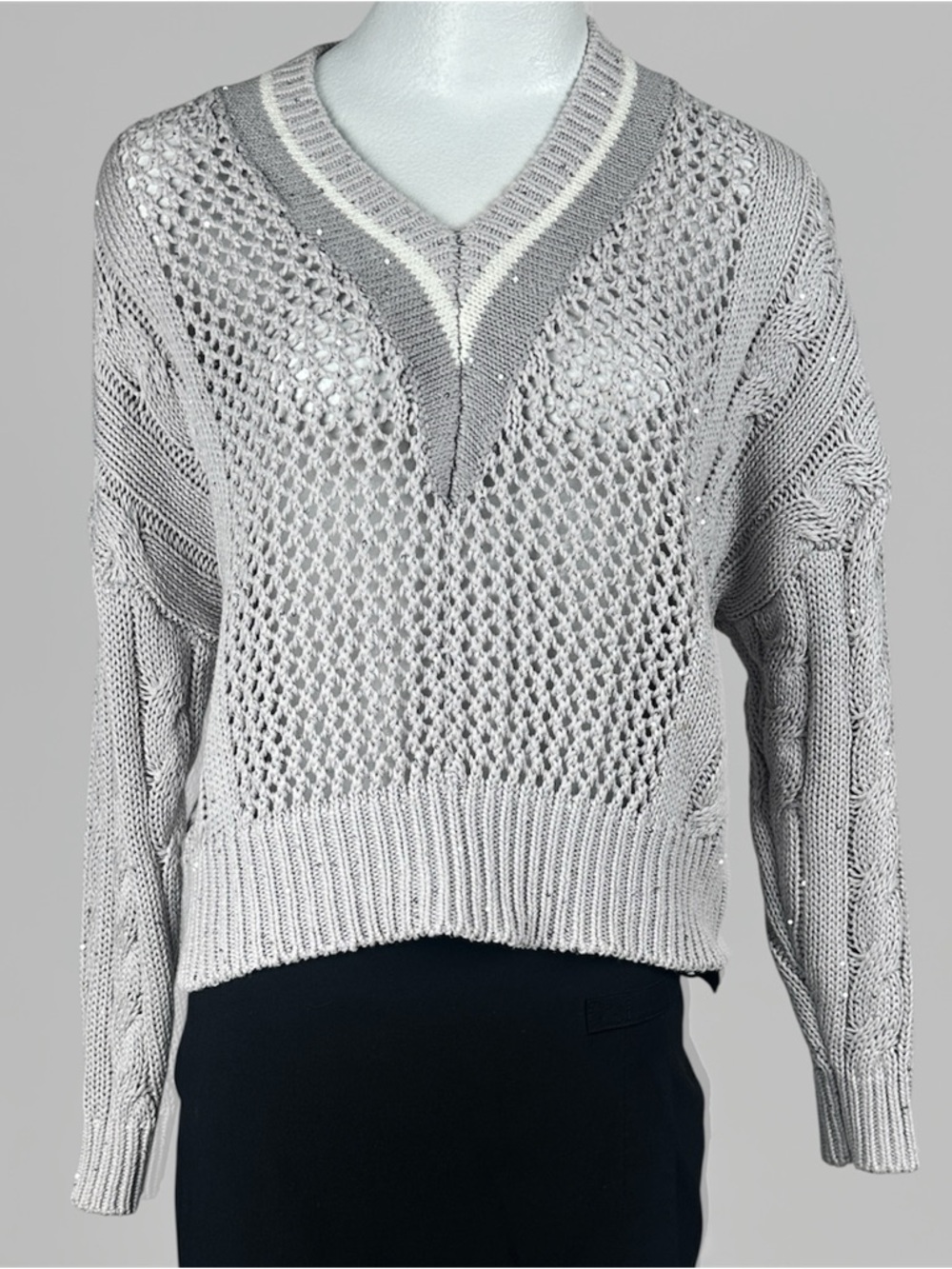 Brunello Cucinelli Grey Sequin Collegiate V-Neck Sequin Sweater